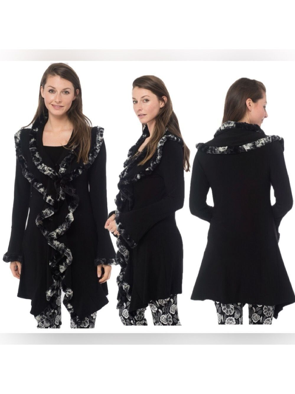 Joseph Ribkoff black ruffle faux fur trim duster cardigan Sz 6 open front